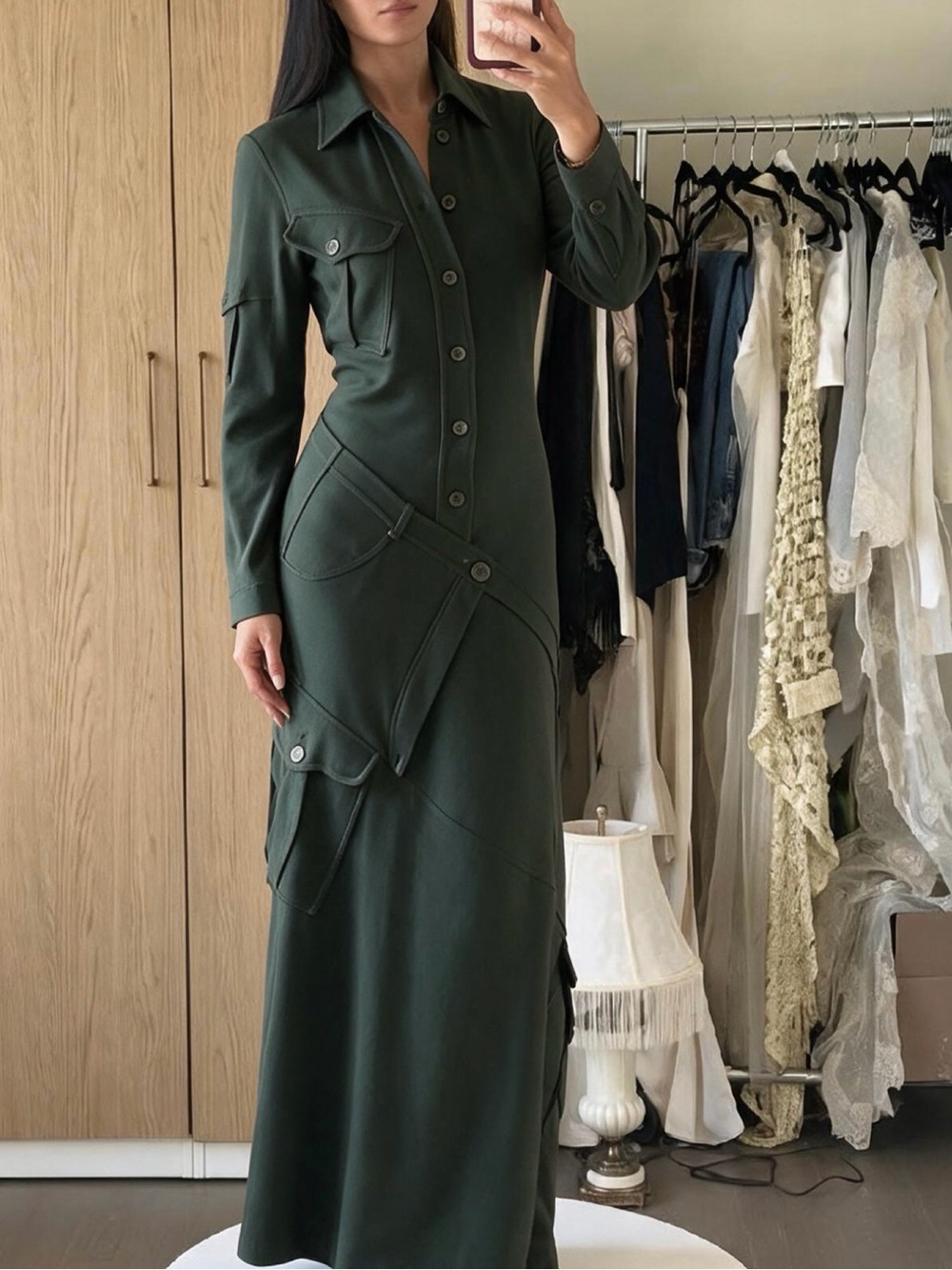Vintage 90s Moschino Cheap and Chic Green Wool Cargo Utility Maxi Dress